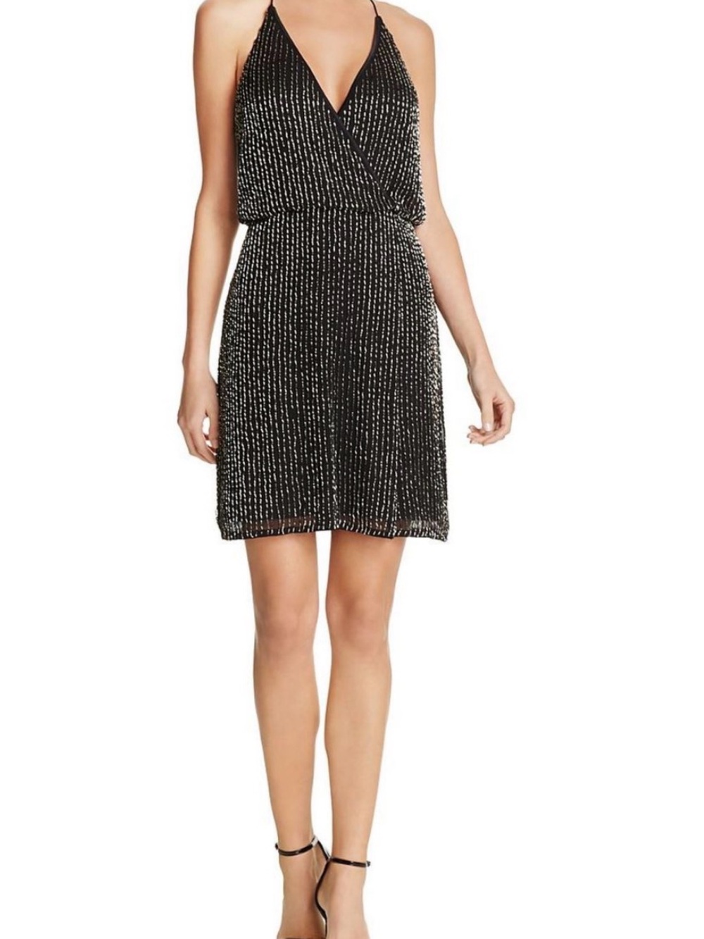 French Connection Black Strapless-Look Dress with Silver Linear Detail